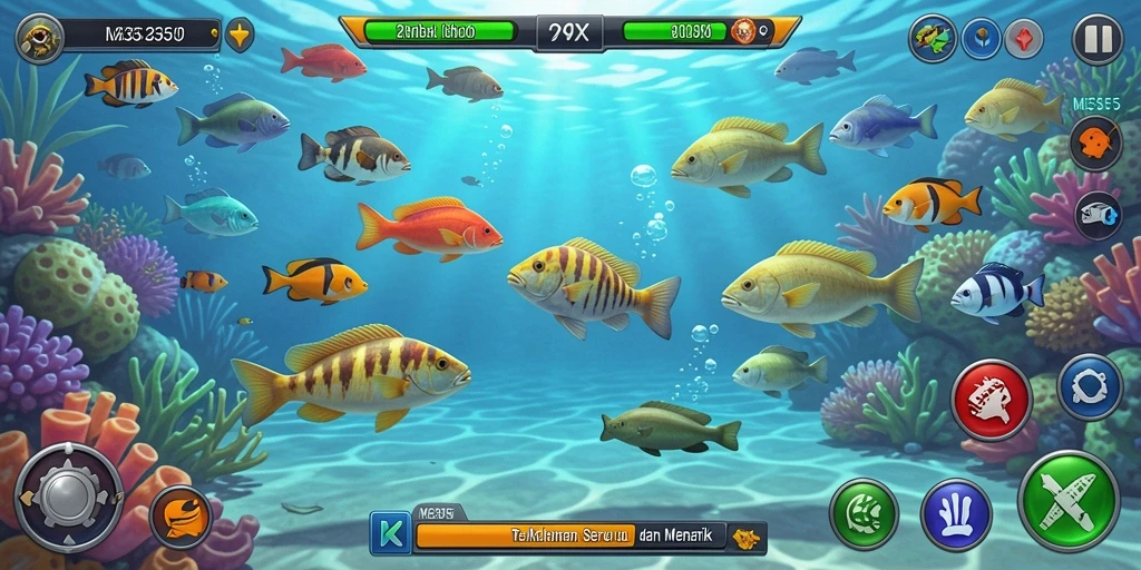 Tampilan gameplay seru di ME355 dengan ikan dan tantangan menembak.